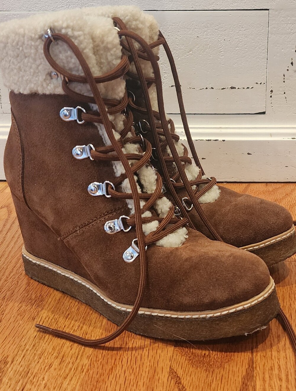 Steve Madden Marcel Wedge Lace-Up Ankle Boots in Cognac